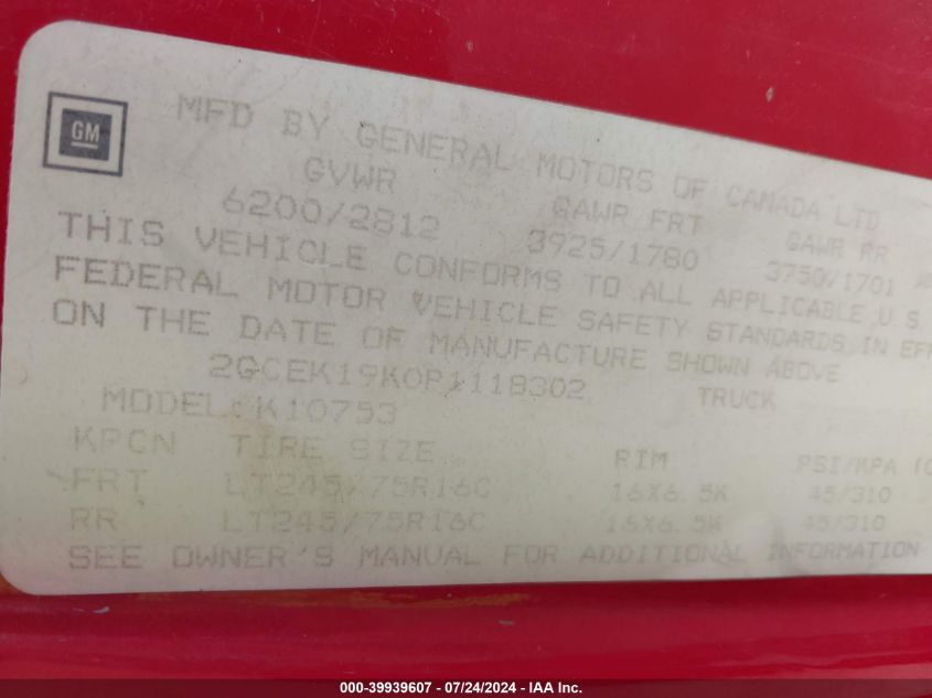 1993 Chevrolet Gmt-400 K1500 VIN: 2GCEK19K0P1118302 Lot: 39939607