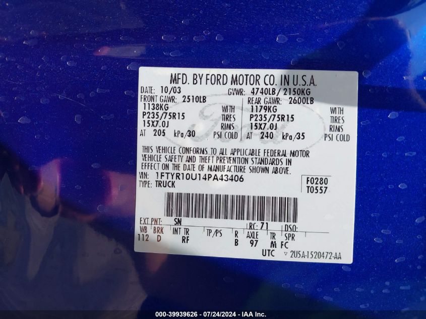 2004 Ford Ranger Edge/Xl/Xlt VIN: 1FTYR10U14PA43406 Lot: 39939626