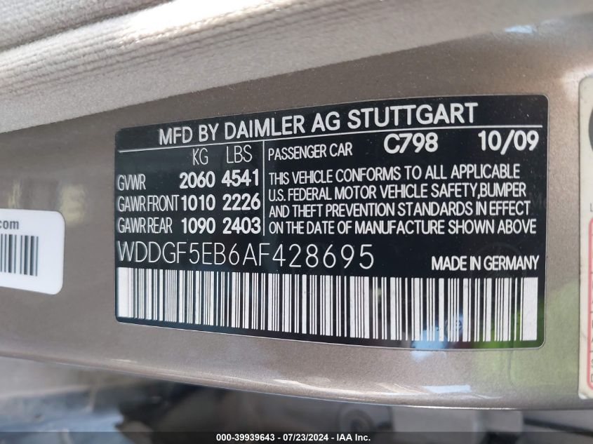 2010 Mercedes-Benz C 300 Luxury/Sport VIN: WDDGF5EB6AF428695 Lot: 39939643