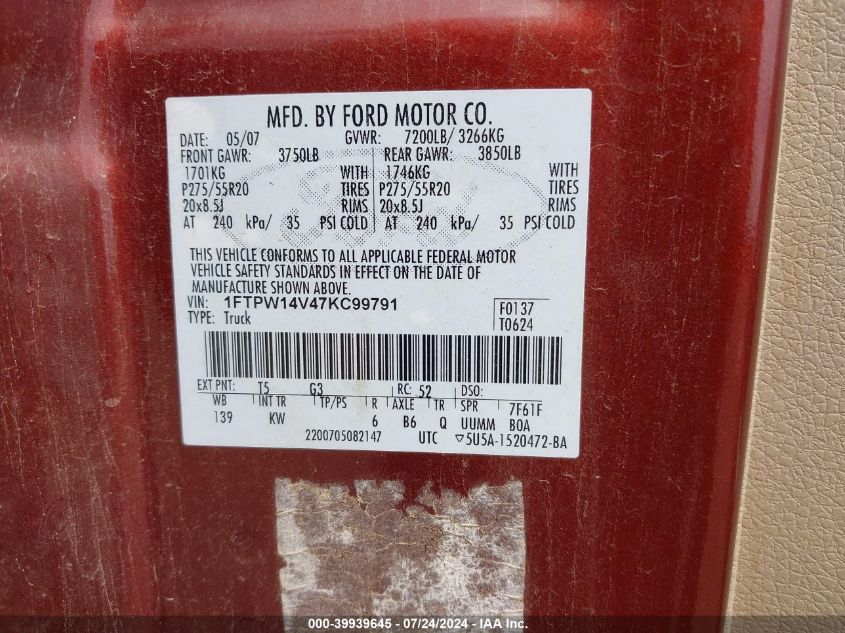 2007 Ford F-150 Fx4/Lariat/Xlt VIN: 1FTPW14V47KC99791 Lot: 39939645