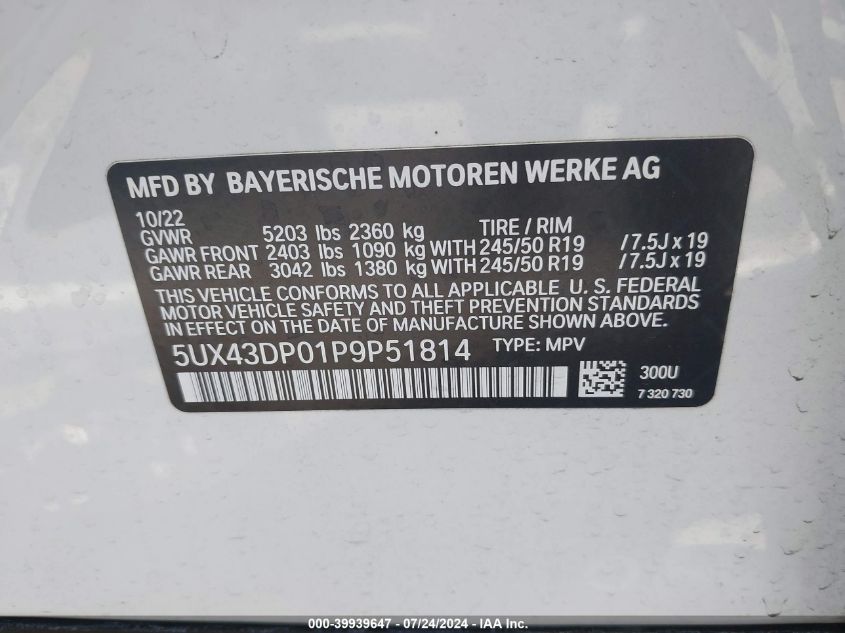 2023 BMW X3 Sdrive30I VIN: 5UX43DP01P9P51814 Lot: 39939647