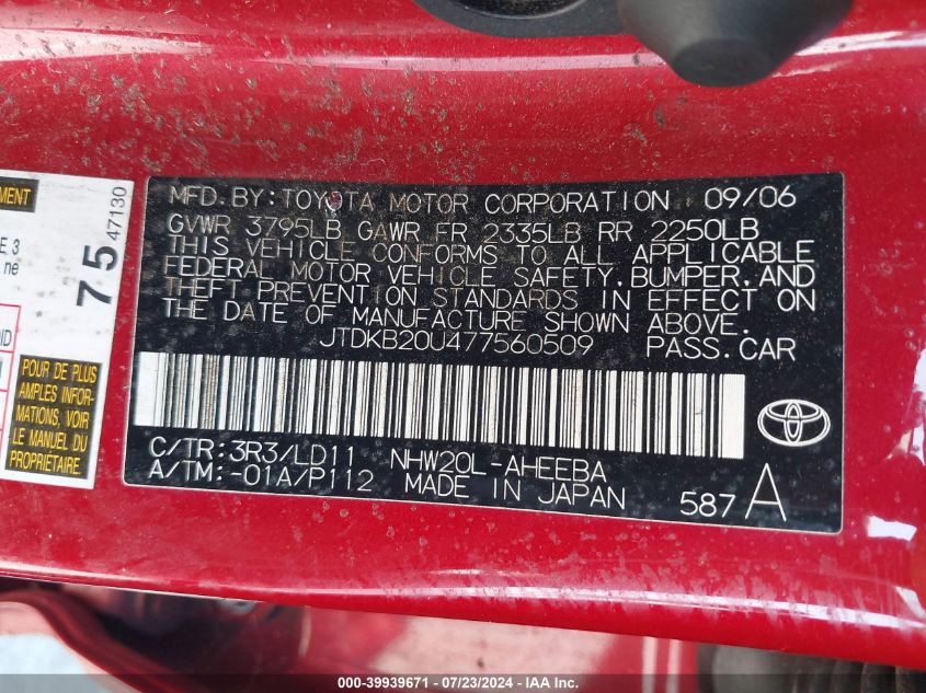 2007 Toyota Prius VIN: JTDKB20U477560509 Lot: 39939671