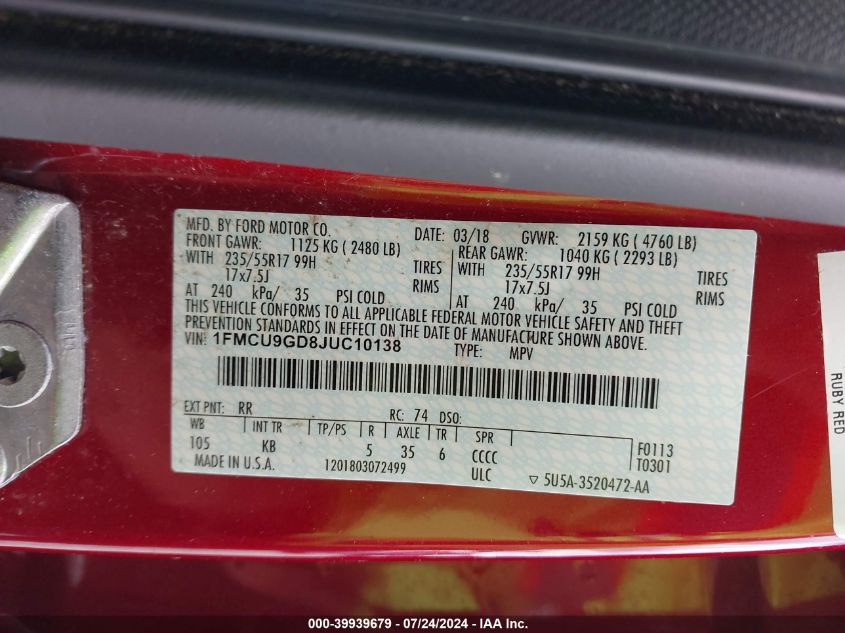 2018 Ford Escape Se VIN: 1FMCU9GD8JUC10138 Lot: 39939679