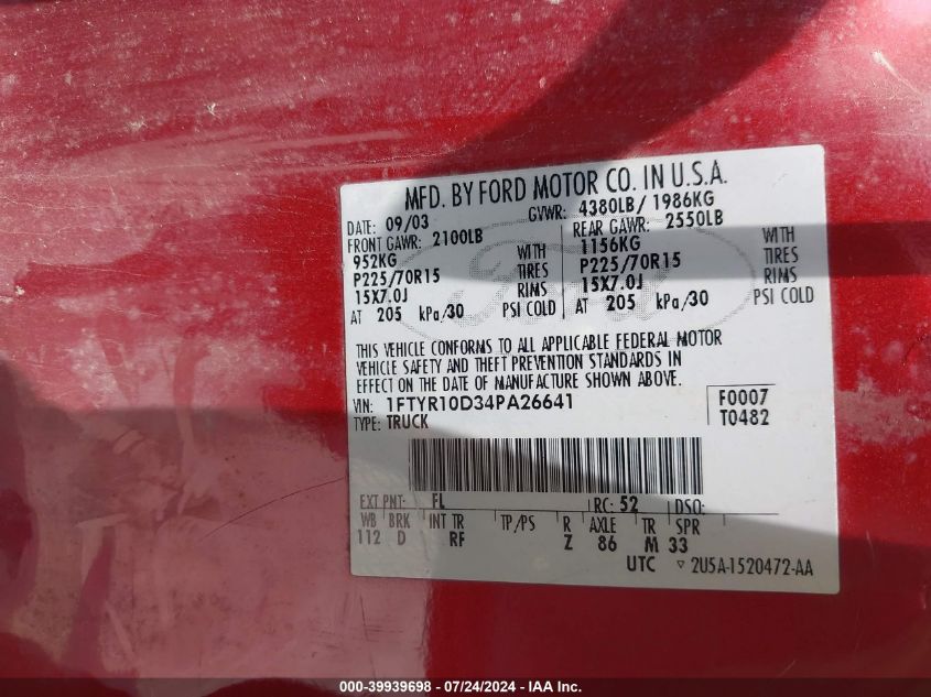 2004 Ford Ranger Xl/Xlt VIN: 1FTYR10D34PA26641 Lot: 39939698