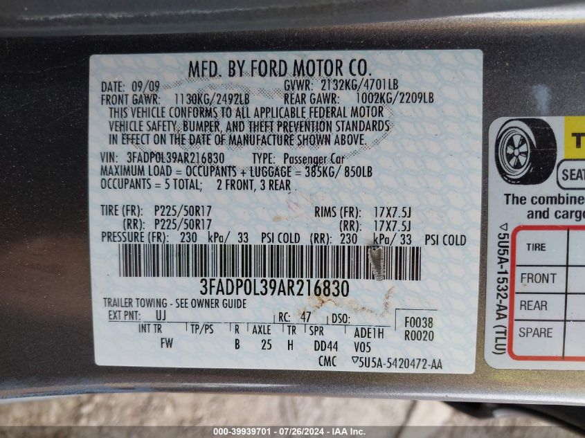2010 Ford Fusion Hybrid VIN: 3FADP0L39AR216830 Lot: 39939701