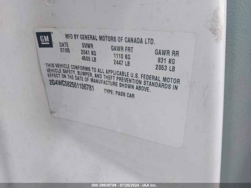 2006 Buick Lacrosse Cx VIN: 2G4WC582561106781 Lot: 39939789