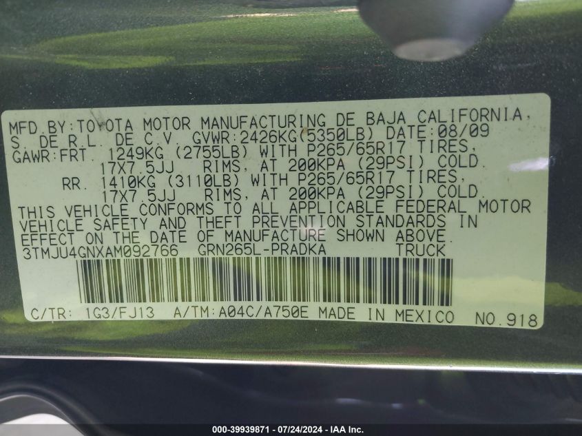 2010 Toyota Tacoma Prerunner V6 VIN: 3TMJU4GNXAM092766 Lot: 39939871