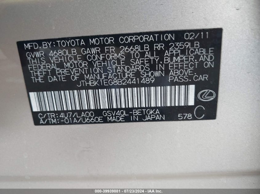 2011 Lexus Es 350 VIN: JTHBK1EG8B2441489 Lot: 39939881