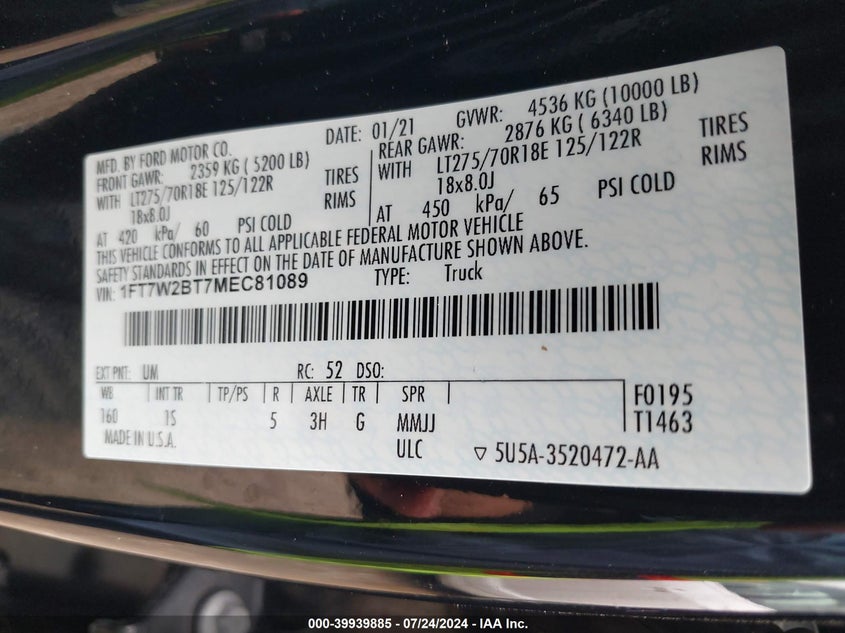 2021 Ford F-250 Xl VIN: 1FT7W2BT7MEC81089 Lot: 39939885
