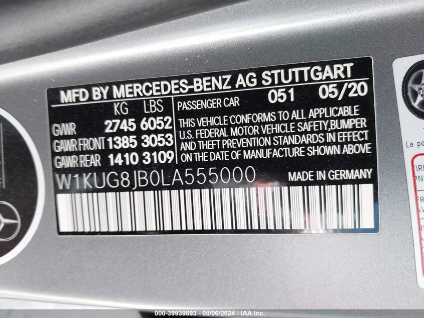 VIN W1KUG8JB0LA555000 2020 MERCEDES-BENZ AMG S 63 4MATIC