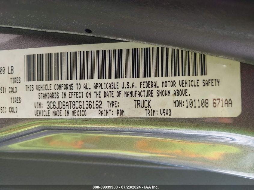 2012 Ram 1500 St VIN: 3C6JD6AT8CG136162 Lot: 39939900