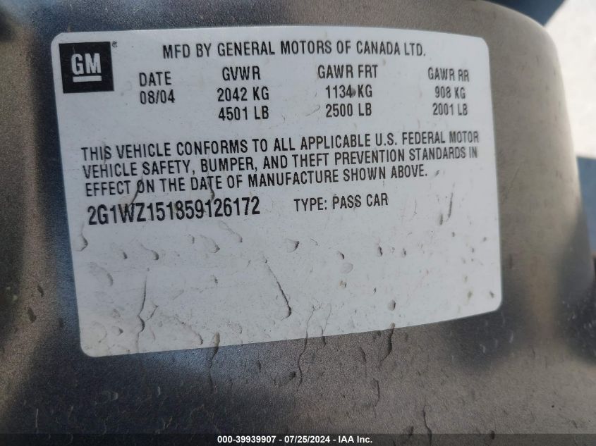 2005 Chevrolet Monte Carlo Supercharged Ss VIN: 2G1WZ151359126172 Lot: 39939907