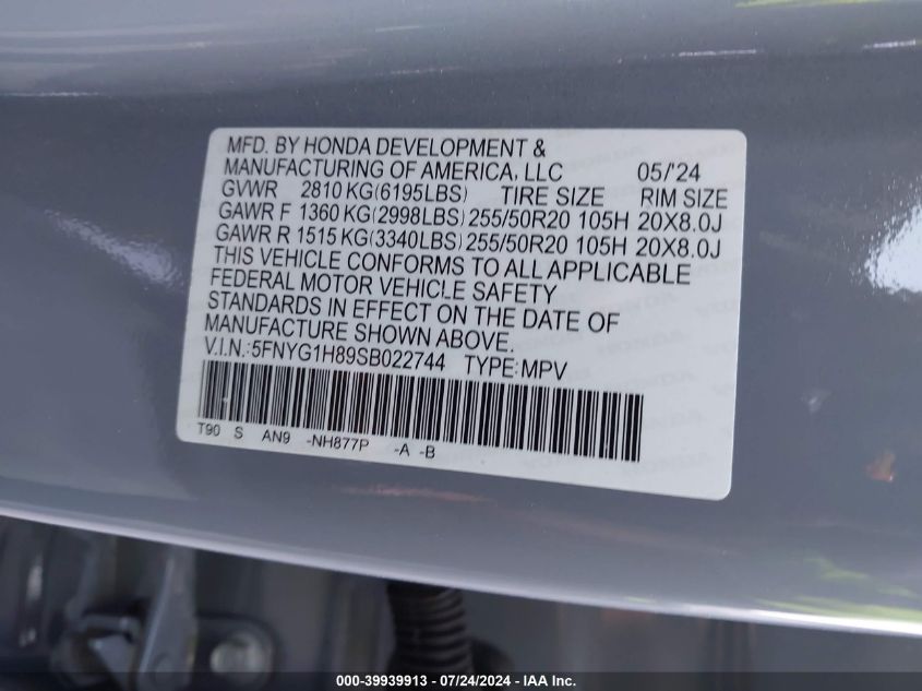 VIN 5FNYG1H89SB022744 2025 Honda Pilot, Awd Elite no.9