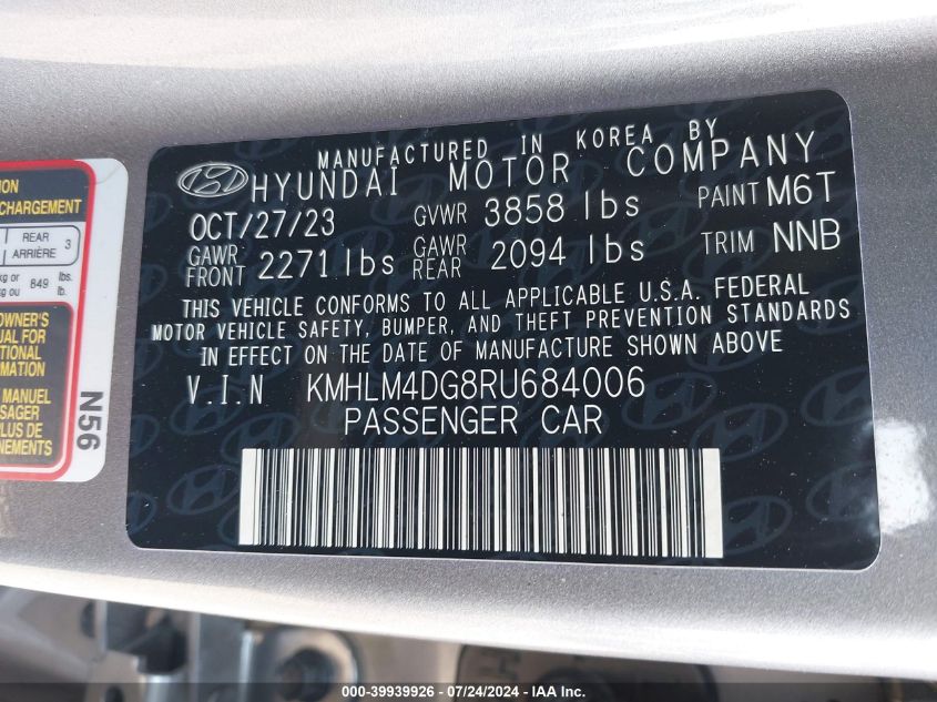 2024 Hyundai Elantra Sel VIN: KMHLM4DG8RU684006 Lot: 39939926