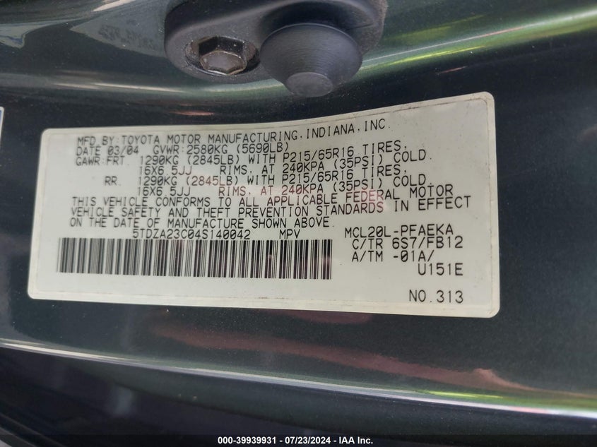 2004 Toyota Sienna Le VIN: 5TDZA23C04S140042 Lot: 39939931