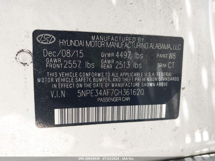 2016 Hyundai Sonata Sport VIN: 5NPE34AF7GH361620 Lot: 39939939