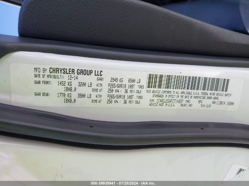 2015 Dodge Durango Limited VIN: 1C4RDJDG0FC714937 Lot: 39939941