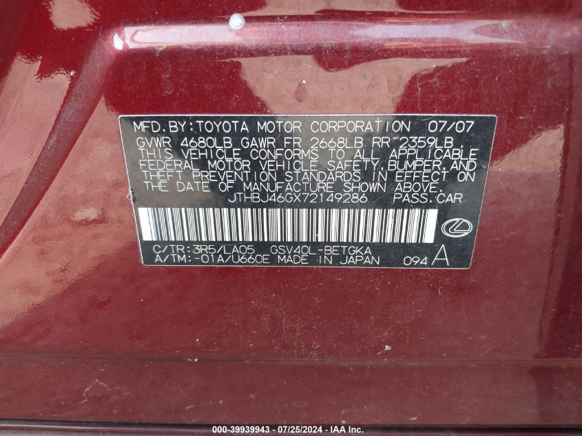 2007 Lexus Es 350 VIN: JTHBJ46GX72149286 Lot: 39939943