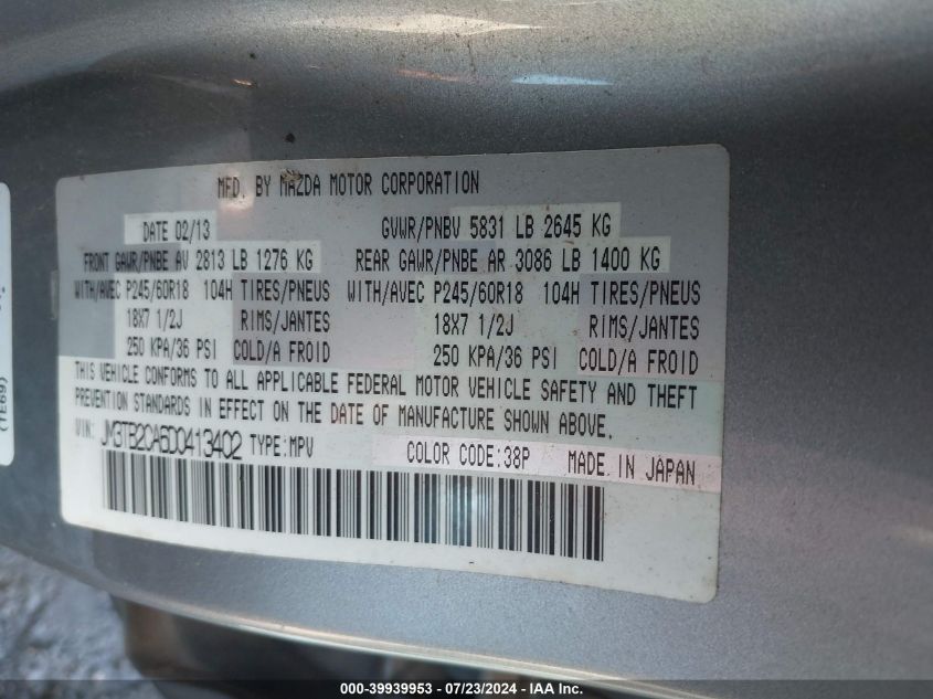 2013 Mazda Cx-9 Touring VIN: JM3TB2CA6D0413402 Lot: 39939953