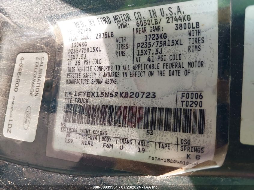1994 Ford F150 VIN: 1FTEX15N6RKB20723 Lot: 39939961