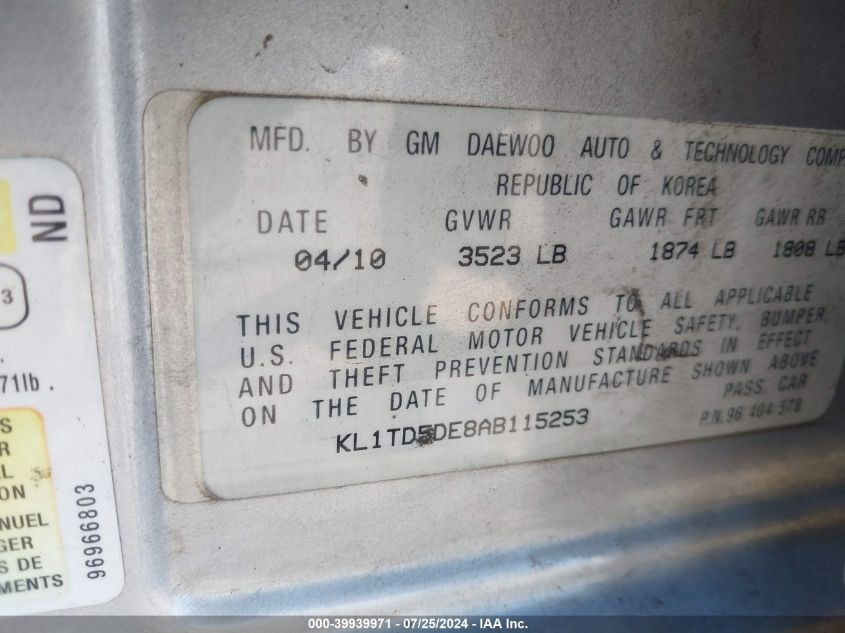 2010 Chevrolet Aveo Lt VIN: KL1TD5DE8AB115253 Lot: 39939971