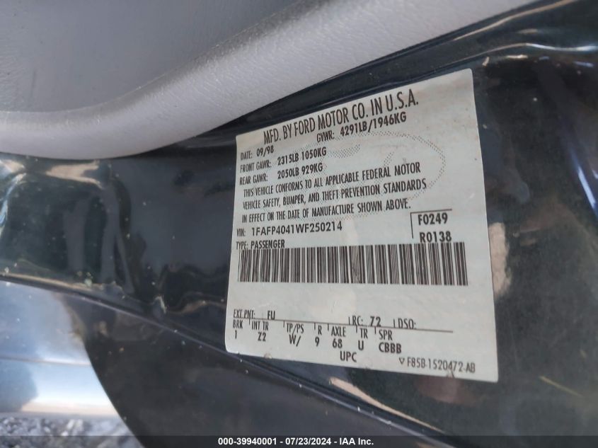 1998 Ford Mustang VIN: 1FAFP4041WF250214 Lot: 39940001