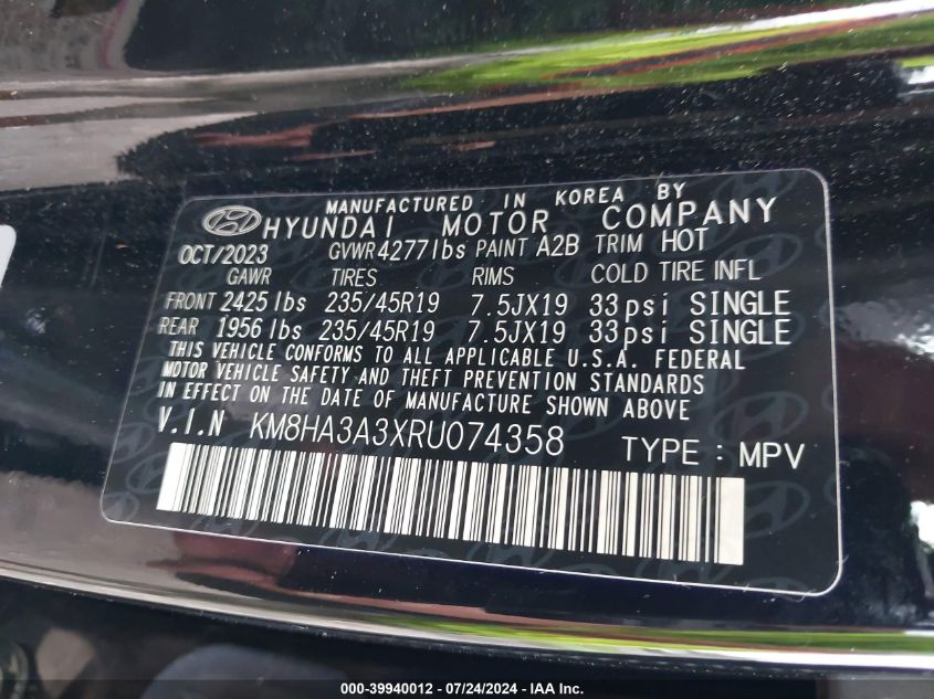 2024 Hyundai Kona N Line VIN: KM8HA3A3XRU074358 Lot: 39940012