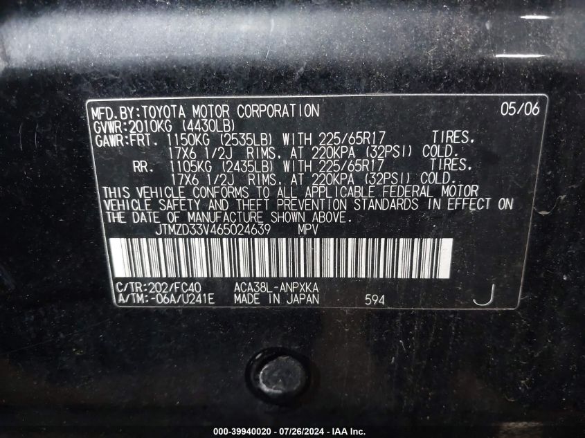 2006 Toyota Rav4 VIN: JTMZD33V465024639 Lot: 39940020