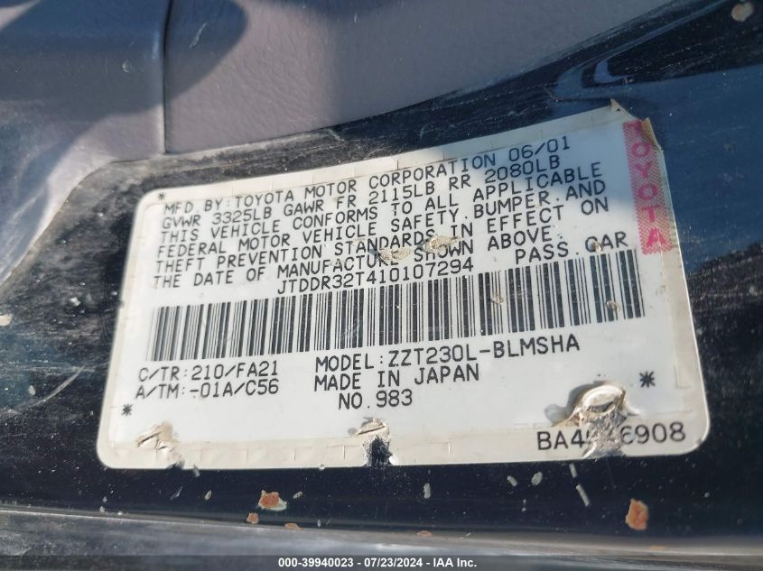 2001 Toyota Celica Gt VIN: JTDDR32T410107294 Lot: 39940023