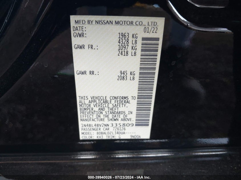 2022 Nissan Altima S Fwd VIN: 1N4BL4BV2NN335809 Lot: 39940026