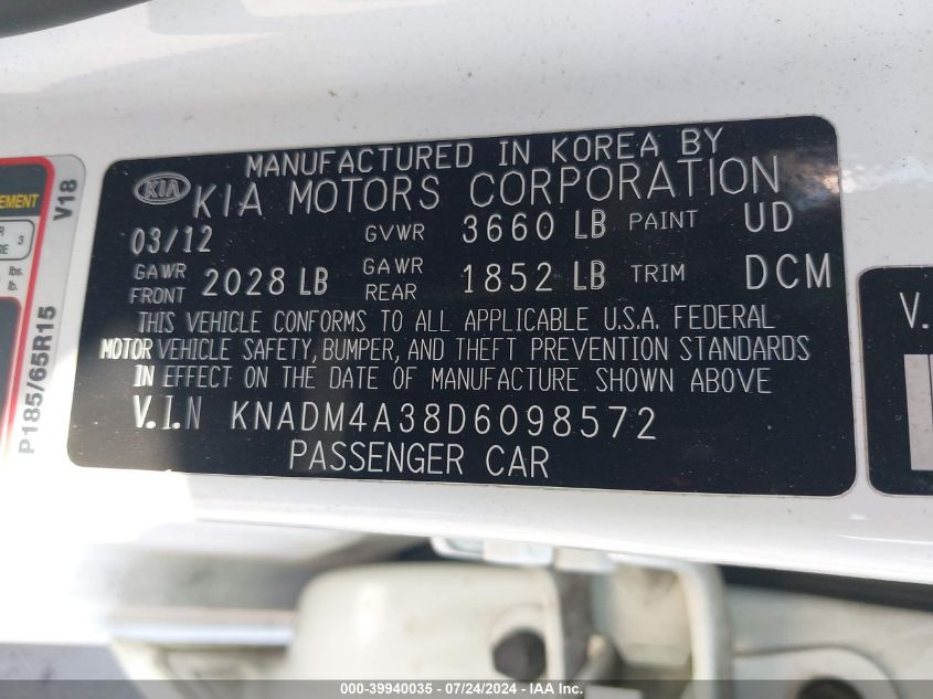 2013 Kia Rio Lx VIN: KNADM4A38D6098572 Lot: 39940035