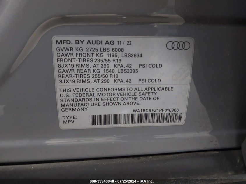 WA1VCBFZ1PP016866 2023 Audi Q4 Sportback E-Tron Premium Plus