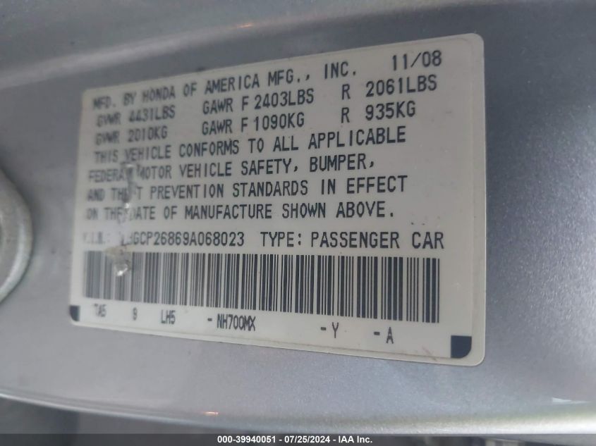 1HGCP26869A068023 | 2009 HONDA ACCORD