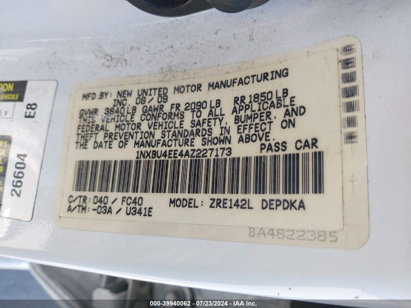 2010 Toyota Corolla Le VIN: 1NXBU4EE4AZ227173 Lot: 39940062