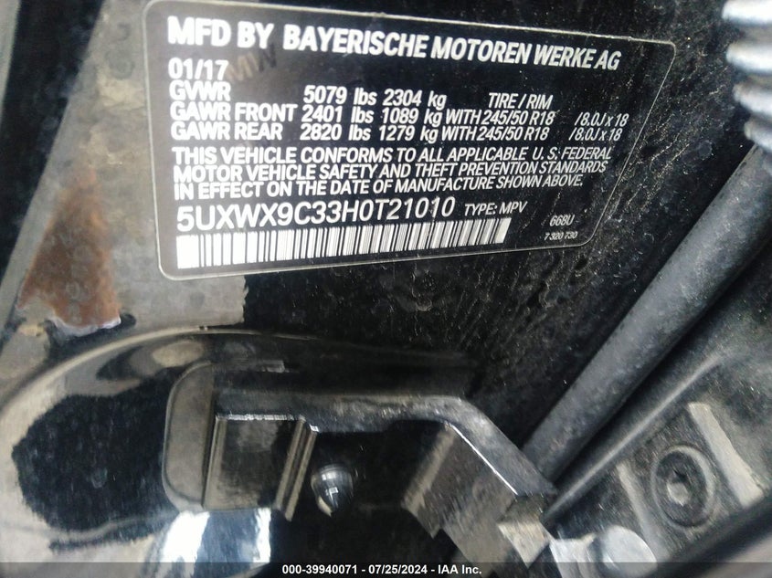 2017 BMW X3 xDrive28I VIN: 5UXWX9C33H0T21010 Lot: 39940071