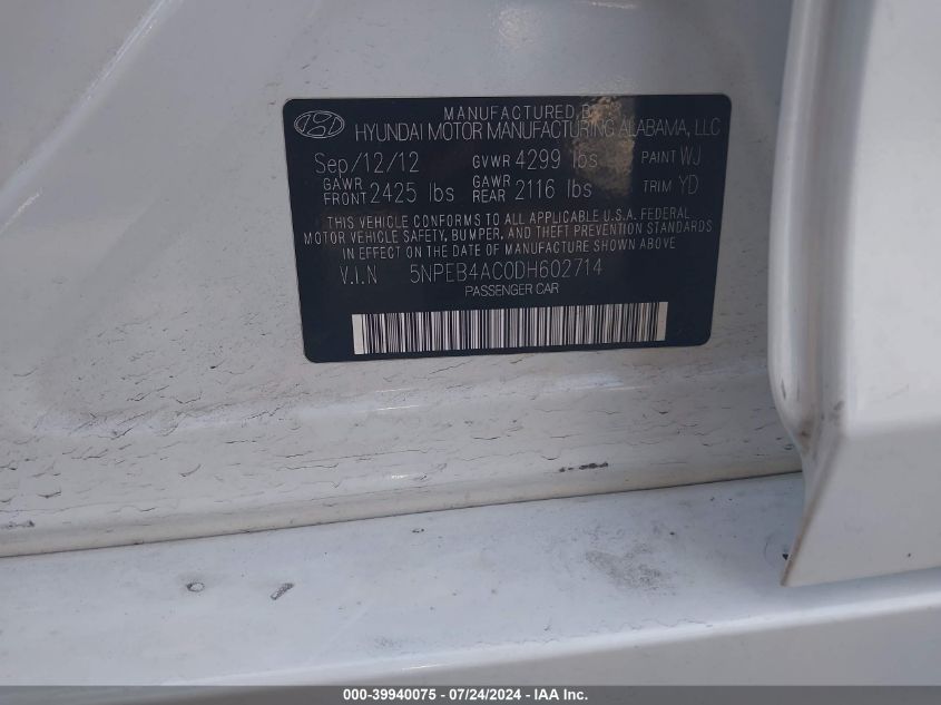 2013 Hyundai Sonata Gls VIN: 5NPEB4AC0DH602714 Lot: 39940075