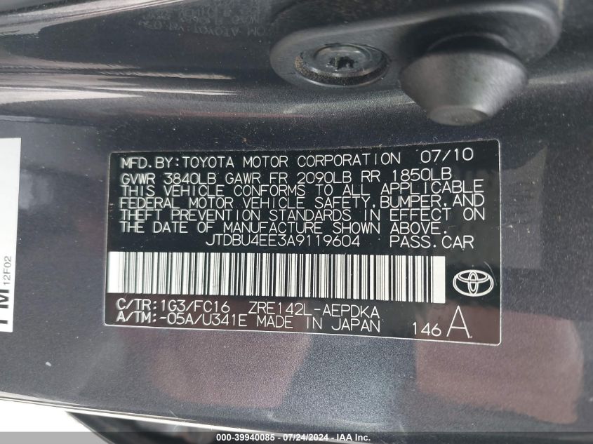 2010 Toyota Corolla Le VIN: JTDBU4EE3A9119604 Lot: 39940085