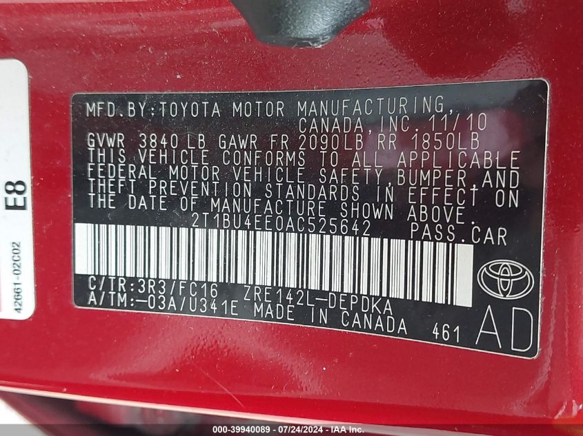 2010 Toyota Corolla Le VIN: 2T1BU4EE0AC525642 Lot: 39940089