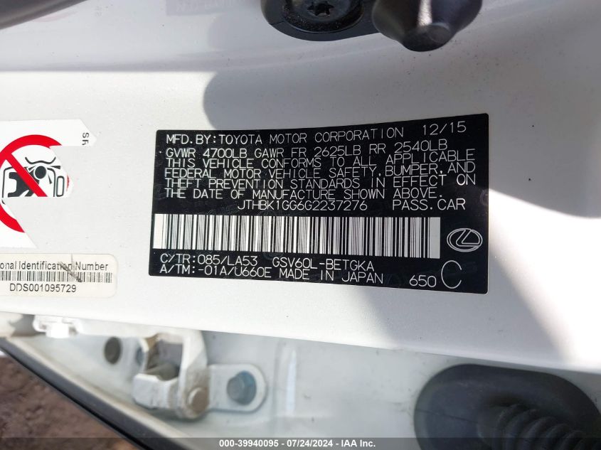 2016 Lexus Es 350 VIN: JTHBK1GG6G2237276 Lot: 39940095