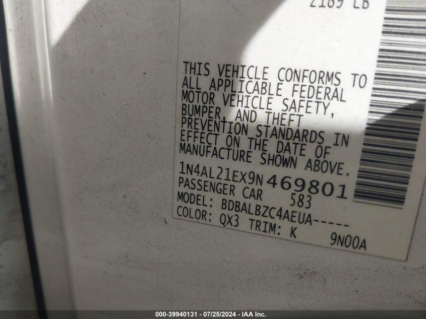 2009 Nissan Altima 2.5 S VIN: 1N4AL21EX9N469801 Lot: 39940131