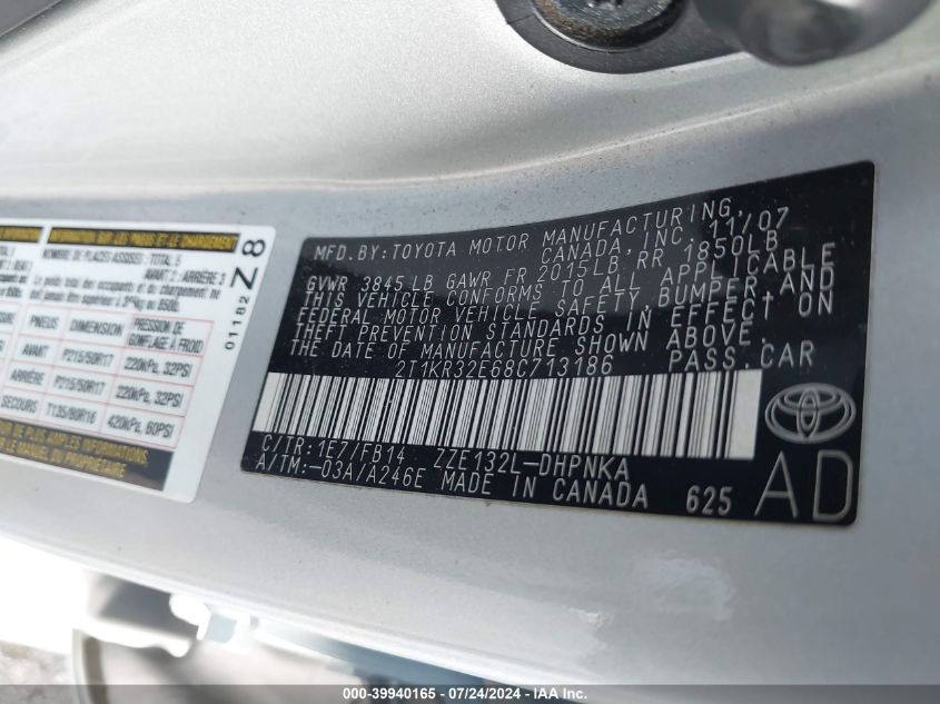 2008 Toyota Matrix Xr VIN: 2T1KR32E68C713186 Lot: 39940165