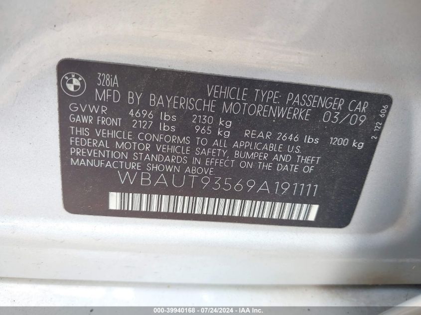 2009 BMW 328I VIN: WBAUT93569A191111 Lot: 39940168