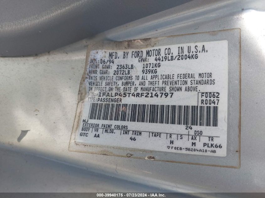 1994 Ford Mustang Gt VIN: 1FALP45T4RF214797 Lot: 39940175