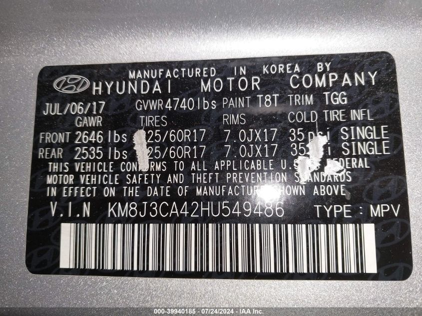 2017 Hyundai Tucson Se VIN: KM8J3CA42HU549486 Lot: 39940185