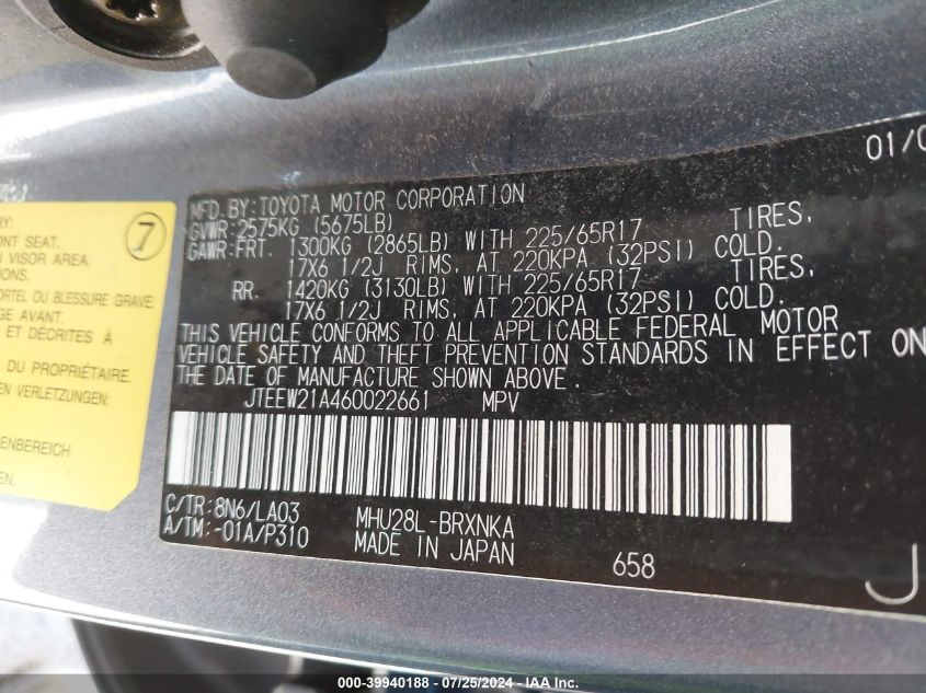 2006 Toyota Highlander Hybrid Limited V6 VIN: JTEEW21A460022661 Lot: 39940188