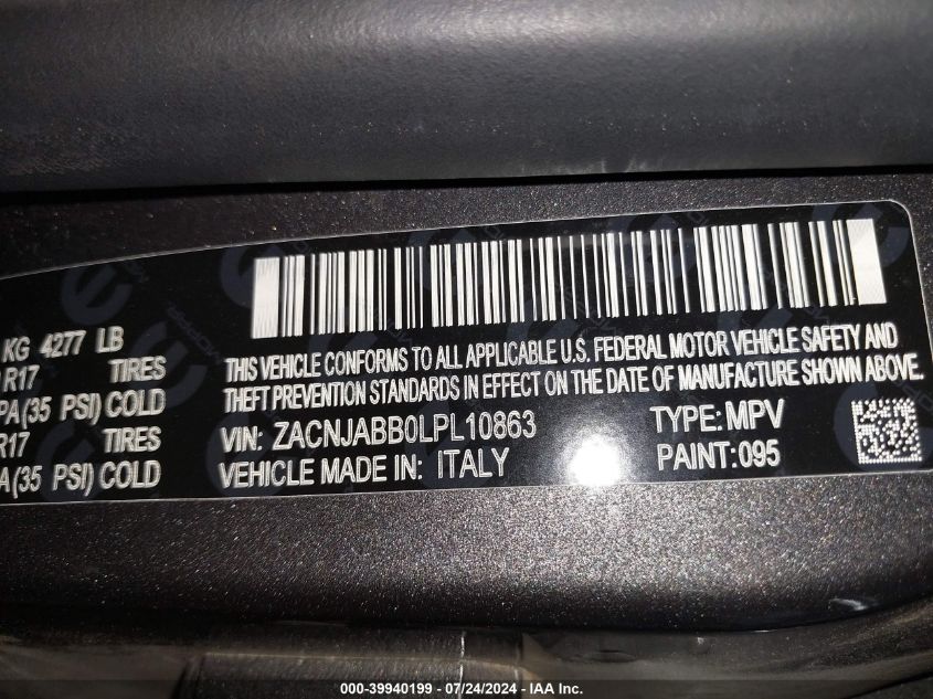 2020 Jeep Renegade Latitude VIN: ZACNJABB0LPL10863 Lot: 39940199