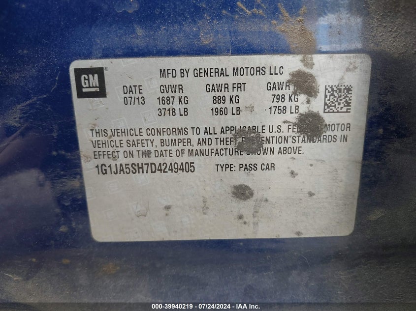 2013 Chevrolet Sonic Ls Auto VIN: 1G1JA5SH7D4249405 Lot: 39940219