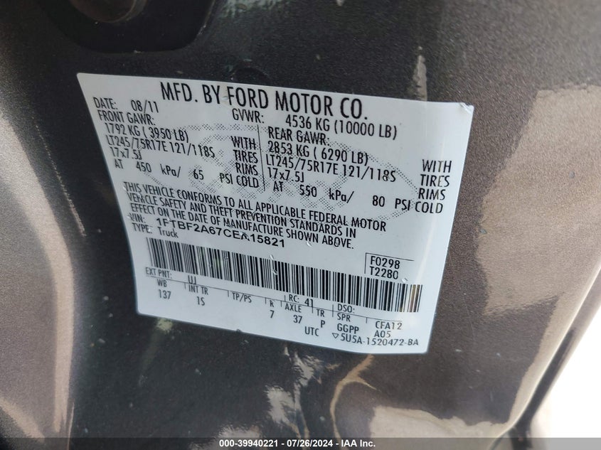 2012 Ford F250 Super Duty VIN: 1FTBF2A67CEA15821 Lot: 39940221