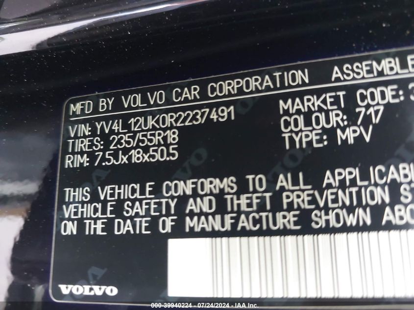 2024 Volvo Xc40 Core VIN: YV4L12UK0R2237491 Lot: 39940224