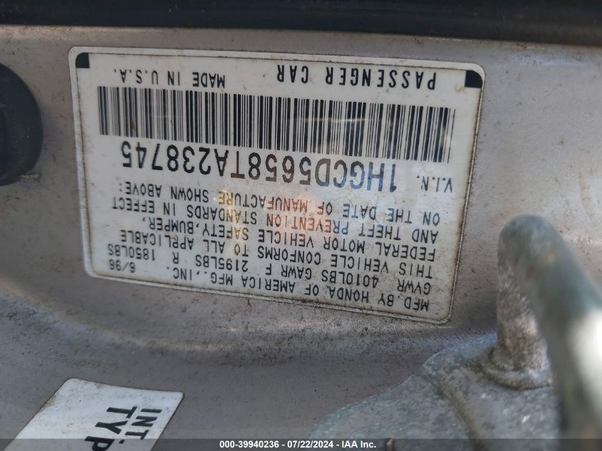 1996 Honda Accord Ex/Ex-R VIN: 1HGCD5658TA238745 Lot: 39940236